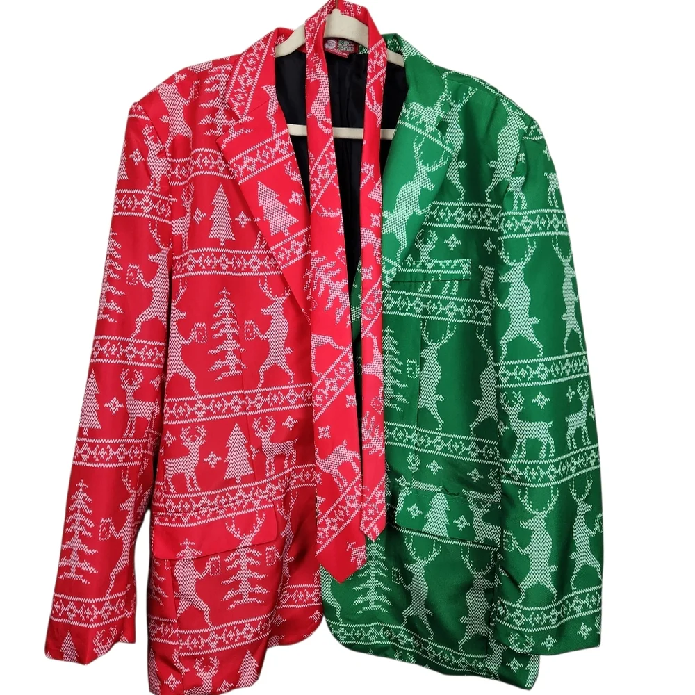 Dec. 25th Christmas Blazer Jacket Tie Reindeer Drinking Beer Mens Size XXL